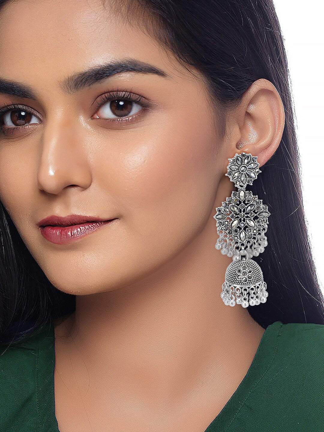 Pack Of 2 Silver-Oxidised Contemporary Artificial Stones Studded Jhumkas