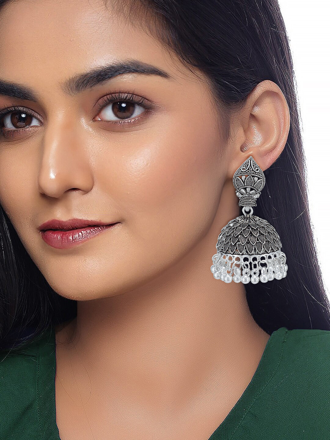 Silver-Oxidised Pack Of 3 Dome Shaped Oxidised Jhumkas