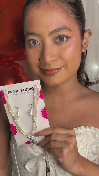 Silver Plated Double Layered Stone & Pearl Beaded Moti Mala Necklace & Earrings